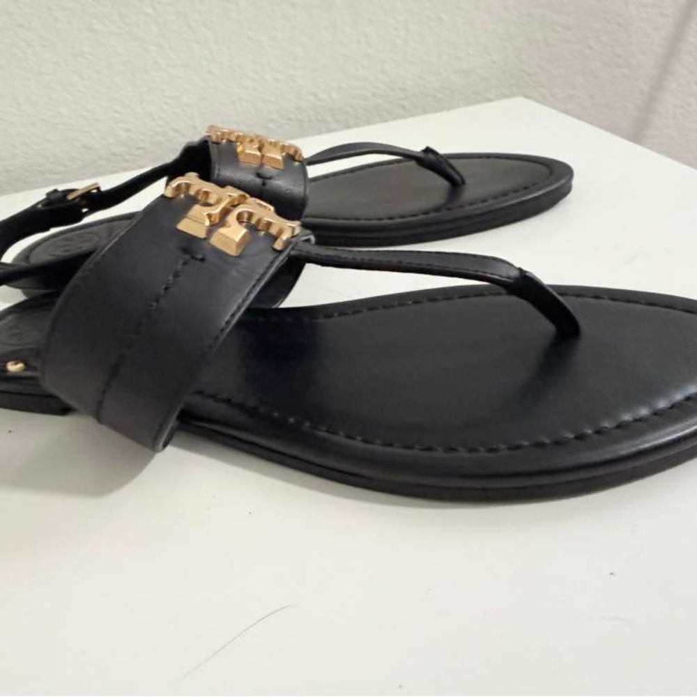Tory Burch Black Leather Sandals with Gold Emblem - Picture 5 of 5